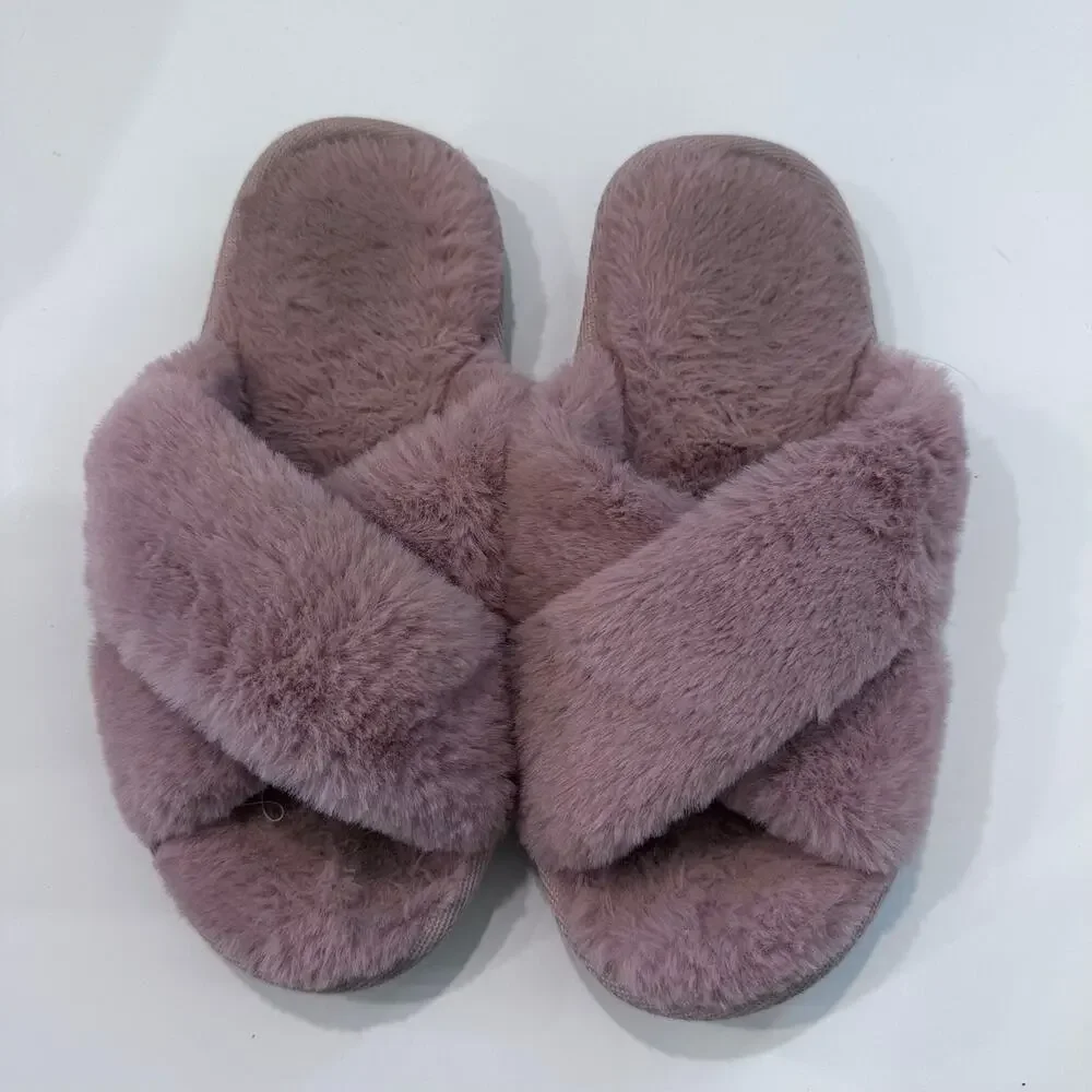 Cross Strap Pink fuzzy slippers girls 5/6